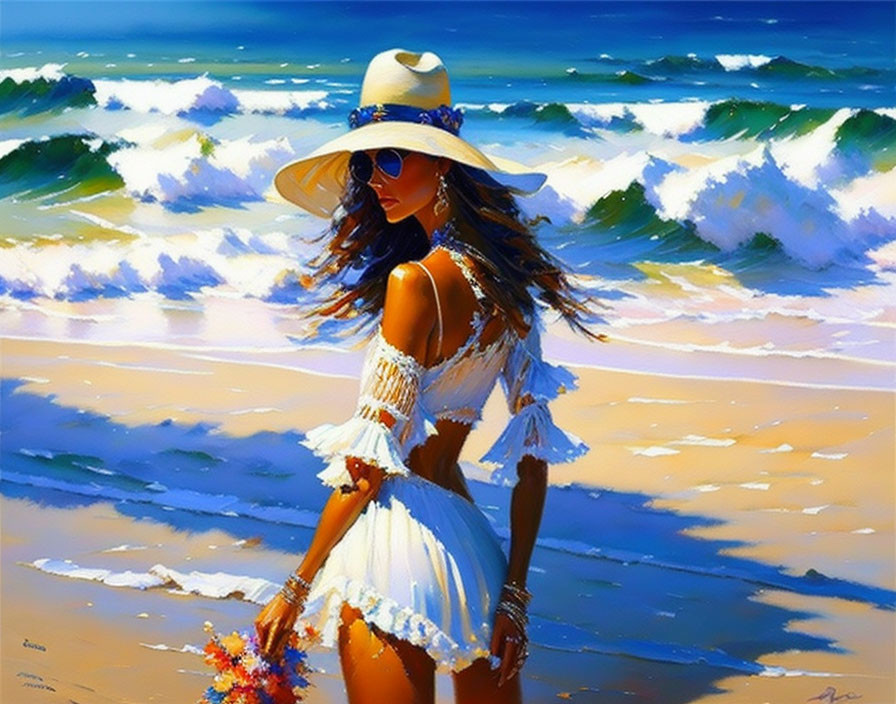 Woman in white dress and hat by the sea with flowers and crashing waves