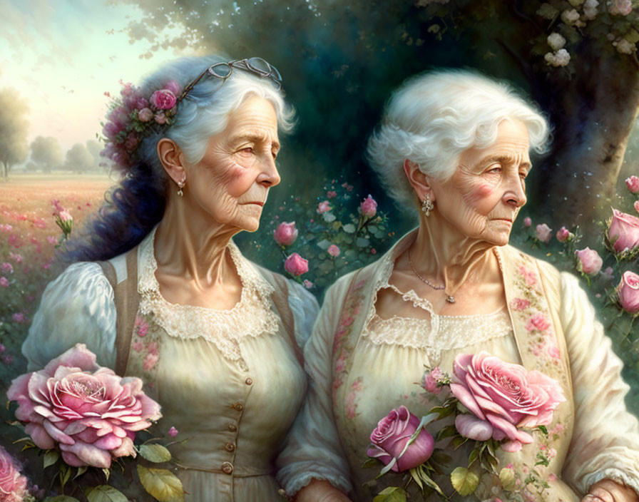 Elderly Women in Vintage Attire Surrounded by Blooming Roses