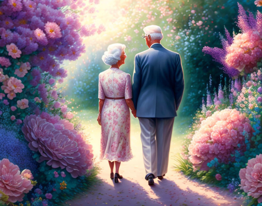 Elderly couple strolling on flower-lined path in warm sunlight