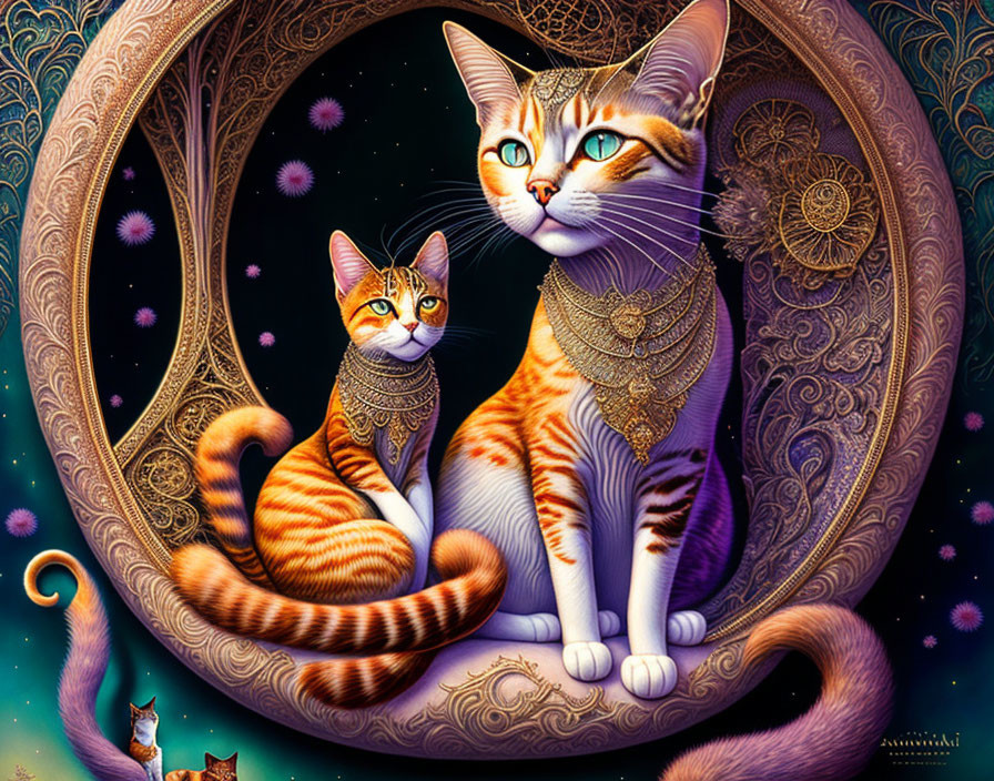 Stylized orange and white cats in circular frame on cosmic floral background