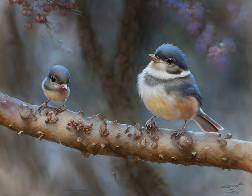 Colorful birds perched on branch with budding flowers in nature scene