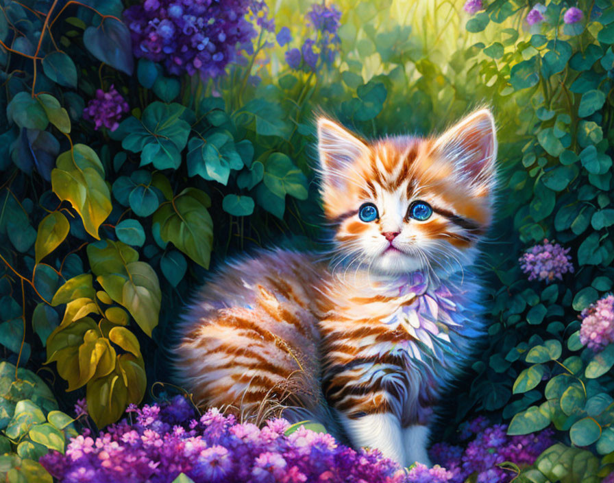 Illustrated orange-and-white kitten with blue eyes among purple flowers and green foliage