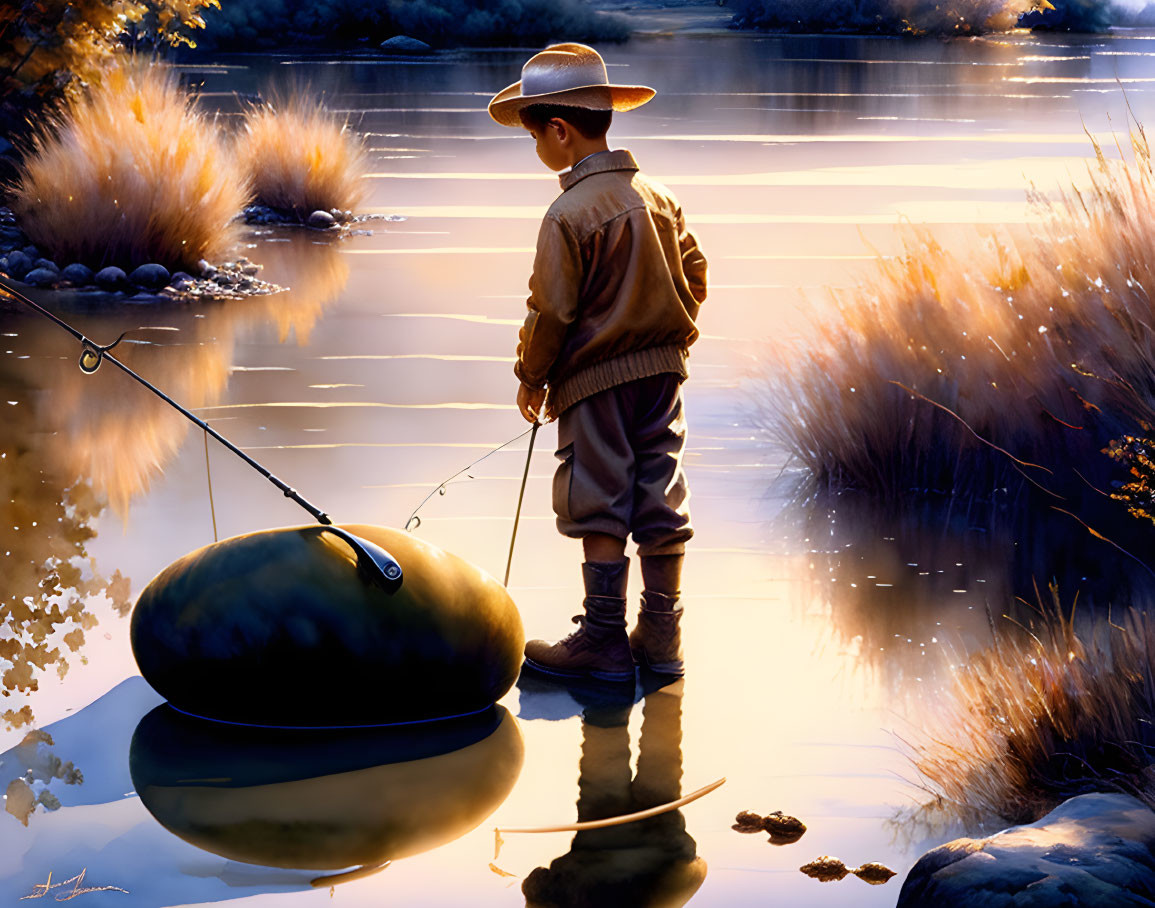 Child fishing at tranquil river edge during golden sunset