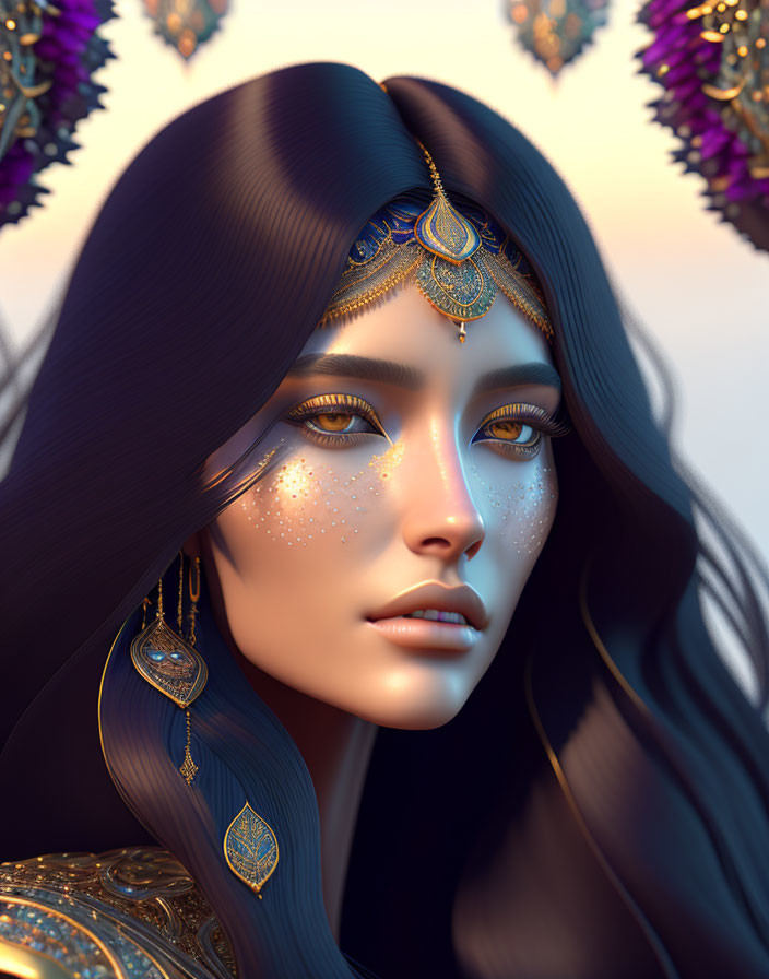 Ethereal woman with golden jeweled accessories and sparkling freckles