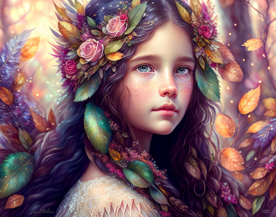 Young girl portrait with floral and feather crown in autumn leaves - detailed artwork with ethereal ambiance