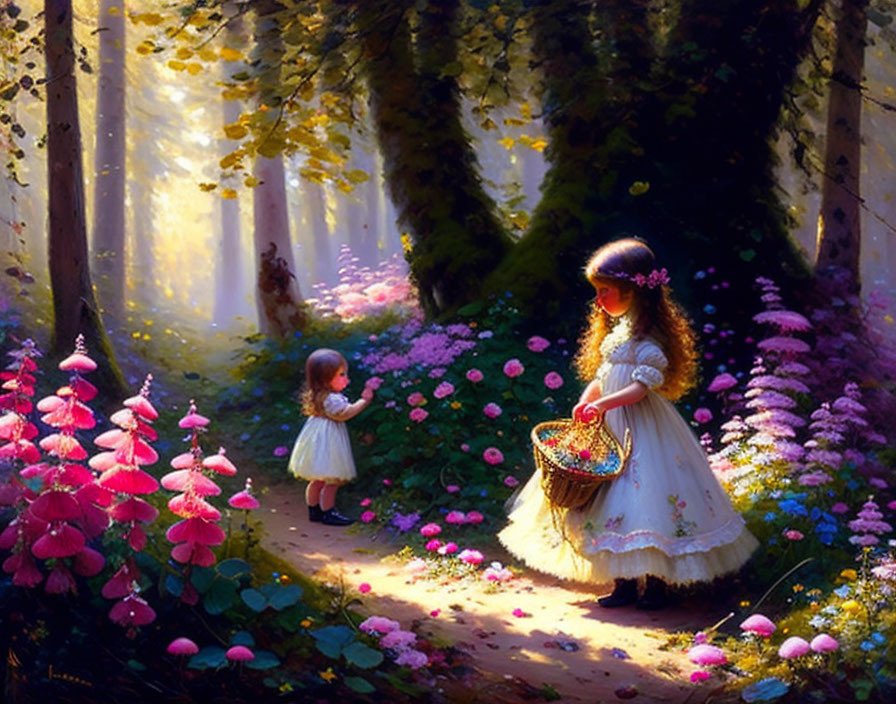 Young girl with basket in sunlit forest observing child among trees