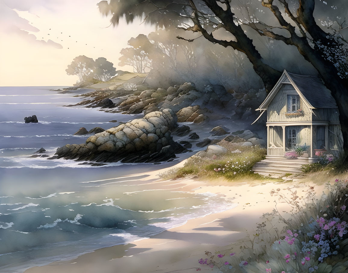 Seaside wooden house with rocky shores and sunset beach scene