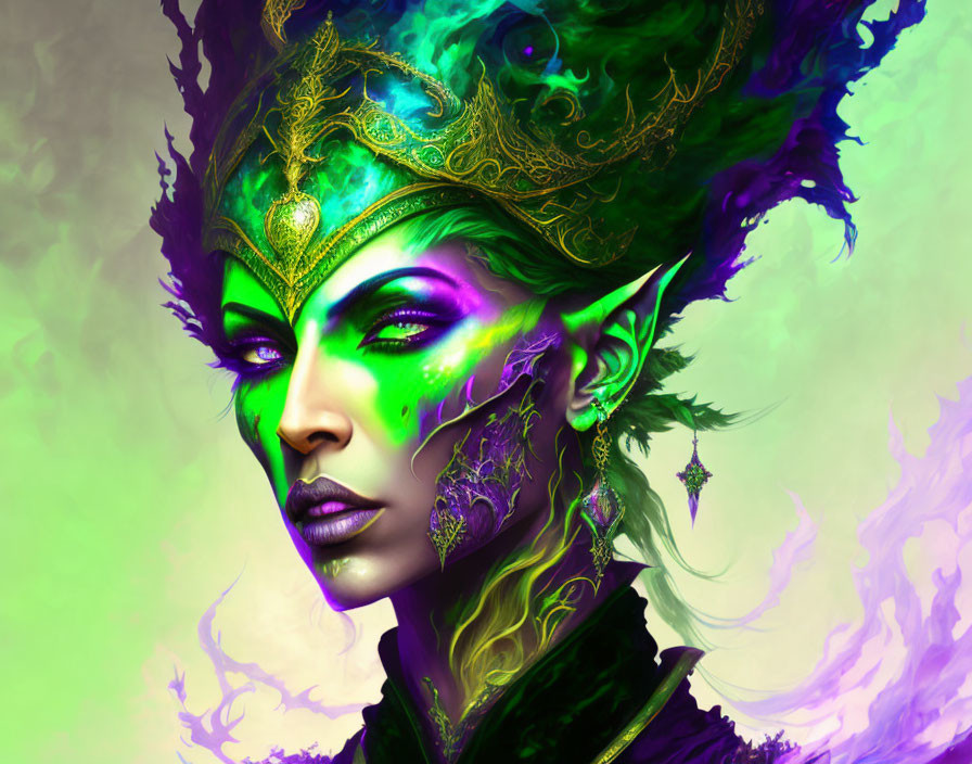 Fantasy female figure illustration with green and purple hues and mystical smoke.