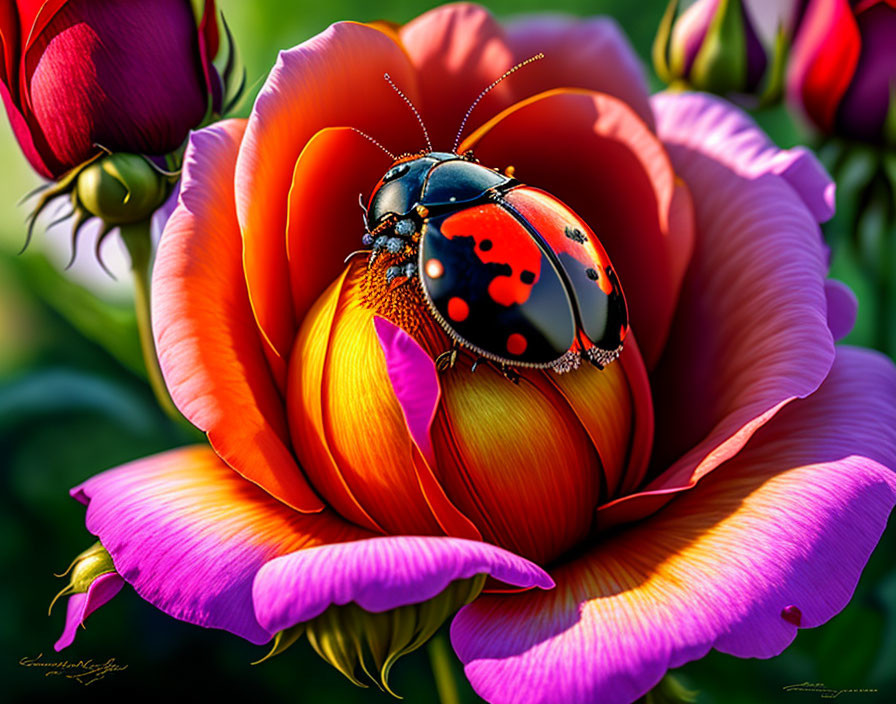 Colorful Ladybug on Multilayered Flower with Orange and Pink Petals