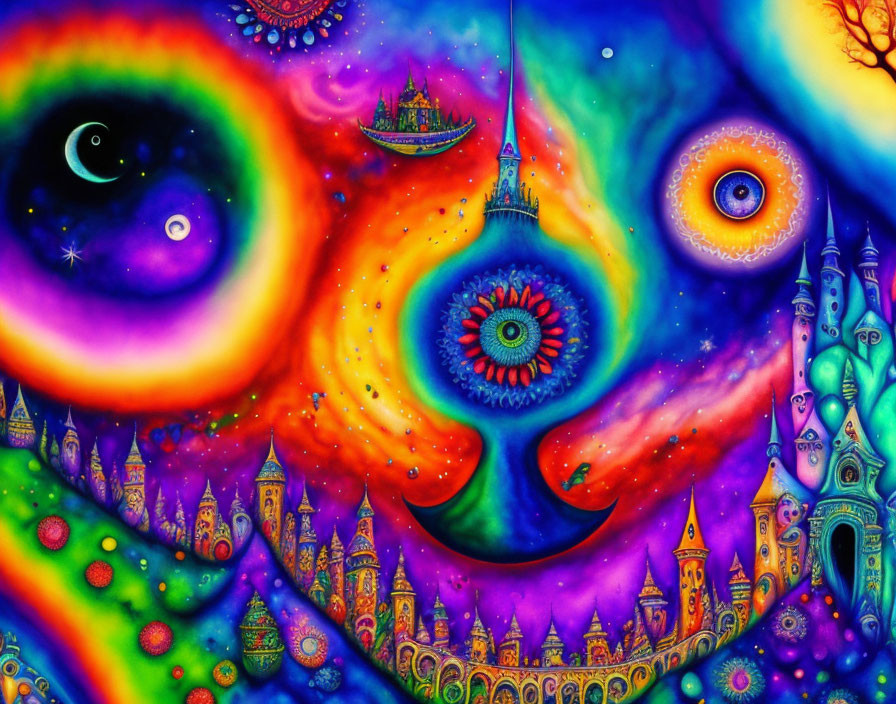 Colorful Psychedelic Artwork with Castles and Cosmic Elements