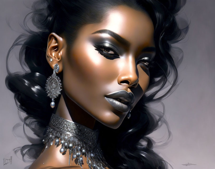 Detailed illustration of woman with striking makeup and ornate accessories.