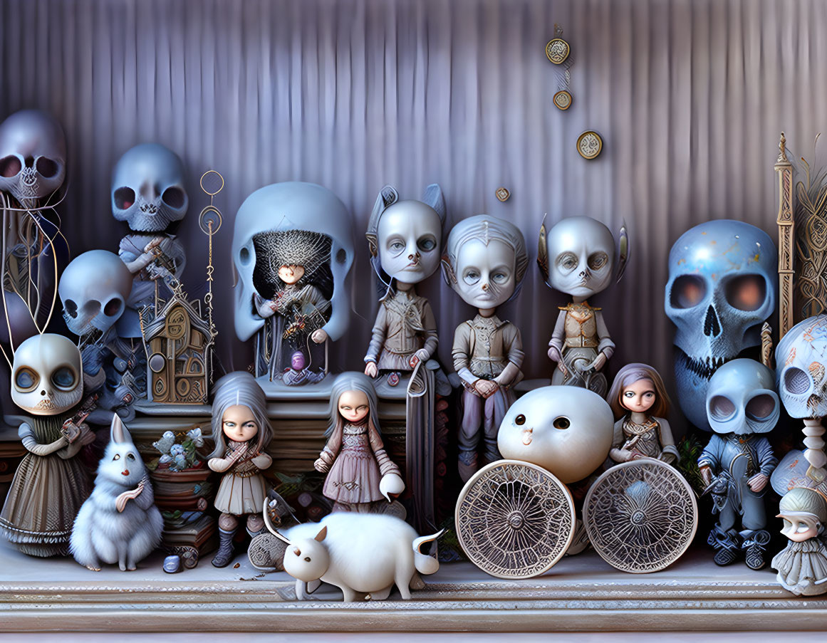 Stylized gothic characters, skulls, girl with key, animals, clock face