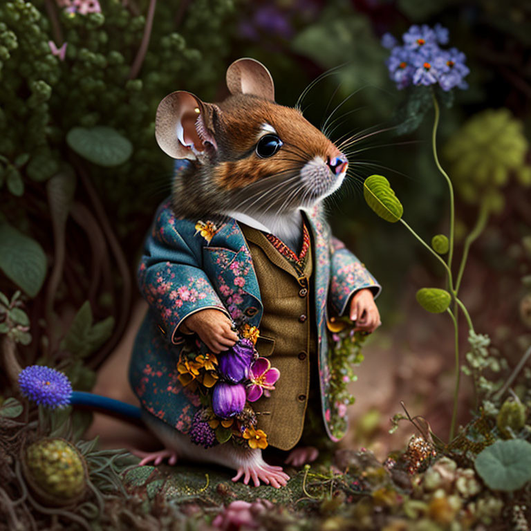 Anthropomorphic mouse in floral attire surrounded by lush plants