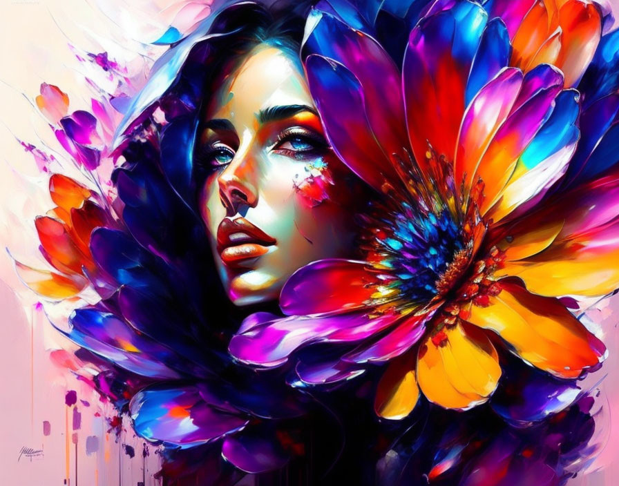 Colorful floral artwork featuring a woman blending into petals