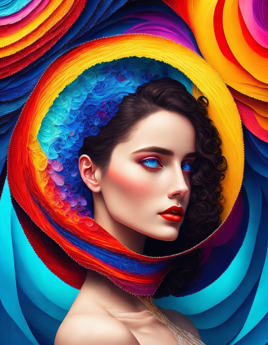 Woman with Blue Eyes and Red Lips Surrounded by Colorful Swirls