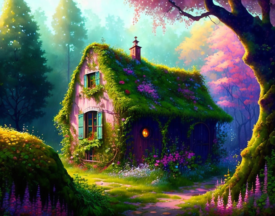 Charming cottage in lush forest with colorful trees