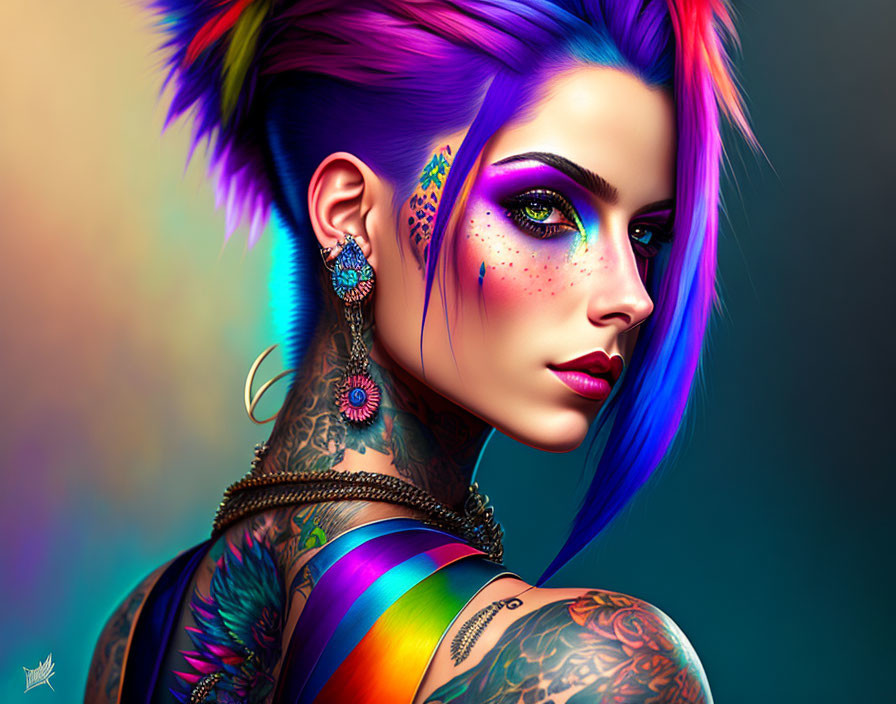 Vibrant blue and purple hair woman with bold makeup and tattoos