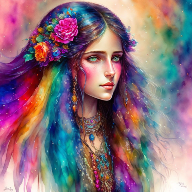 Colorful digital art portrait of a woman with multicolored hair and cosmic background