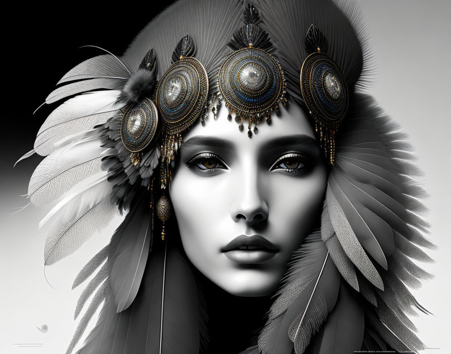 Monochromatic portrait of a person with feathered headdress