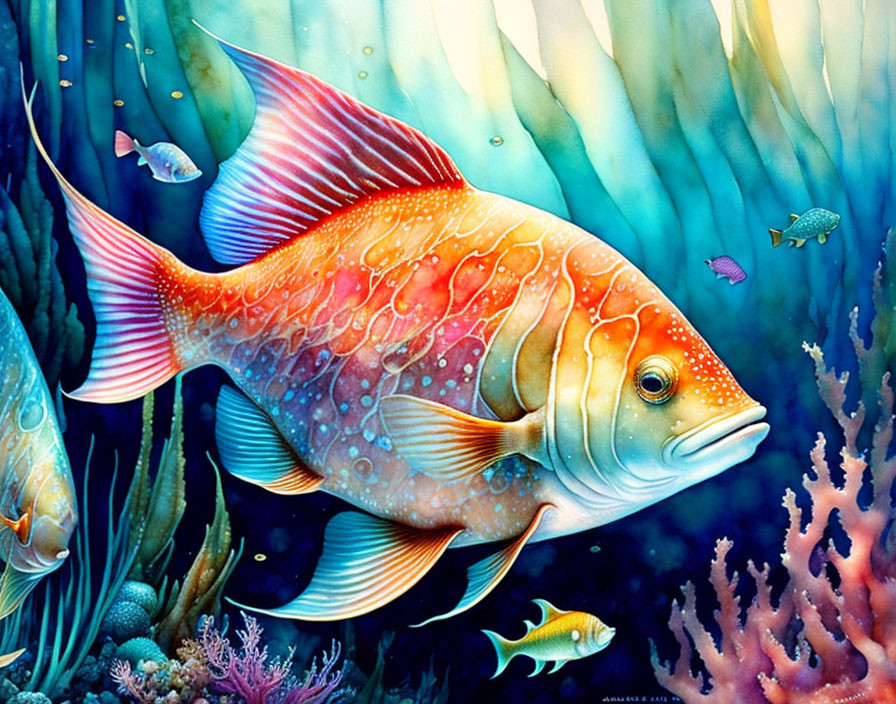 Colorful Fish Swimming Among Underwater Flora and Sunbeams