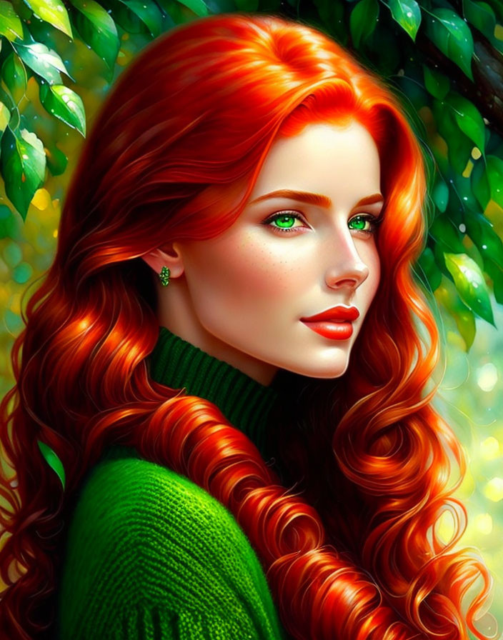 Vibrant red-haired woman in green turtleneck with green eyes against colorful leafy backdrop