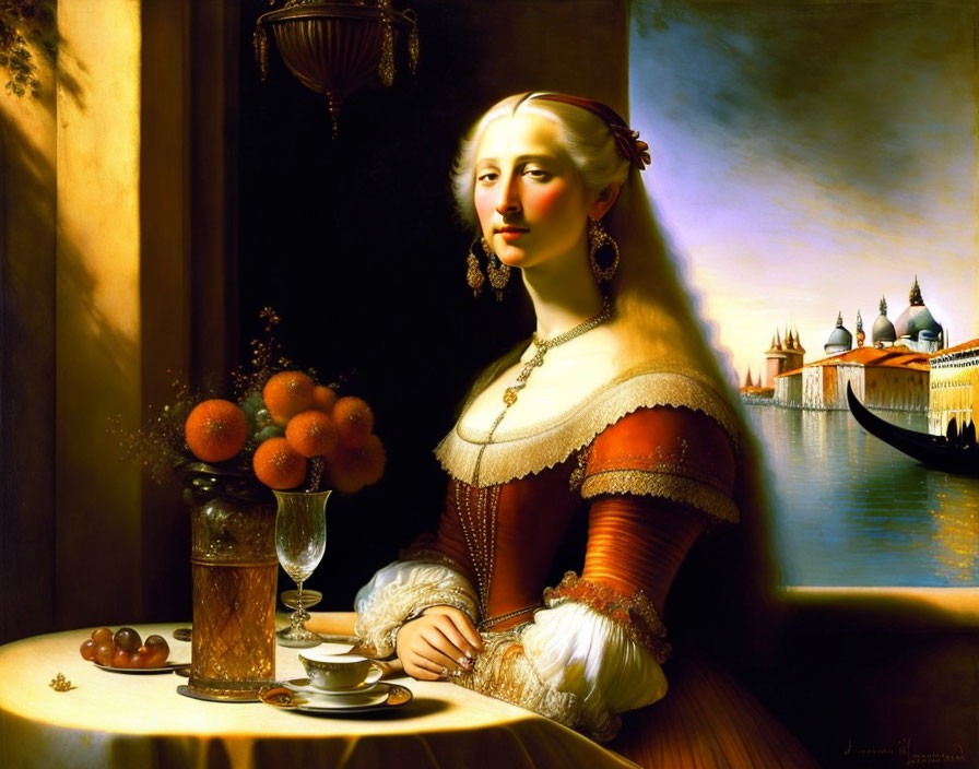 Historical woman at table with fruit and coffee cup, Venetian cityscape in background