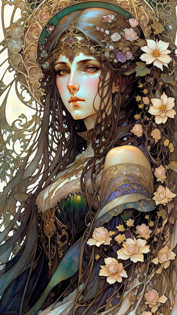 Illustrated portrait of woman with long wavy hair and floral headdress.