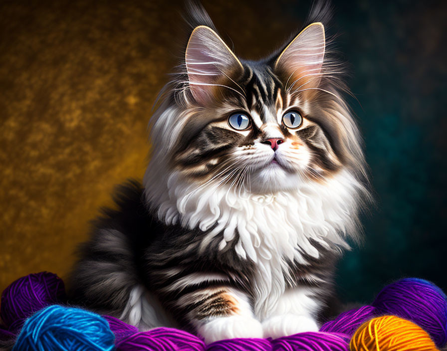 Majestic long-haired cat with colorful yarn balls on golden teal backdrop