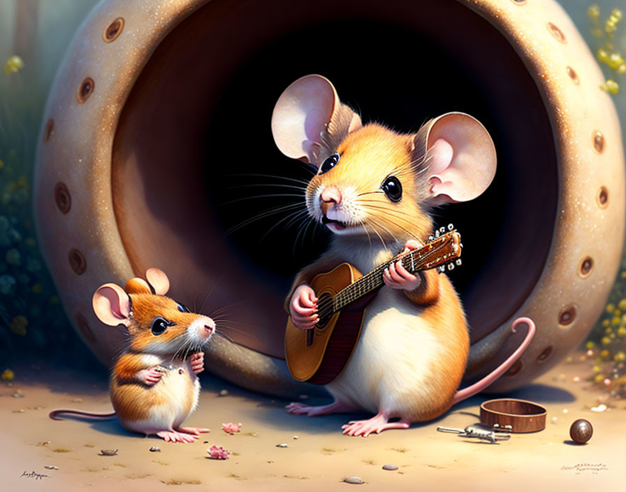 Anthropomorphic mice with guitar by flower pot.