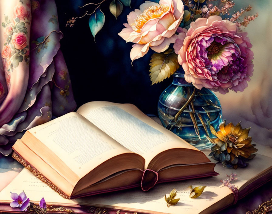 Open book on table with colorful flowers, petals, and floral fabric.