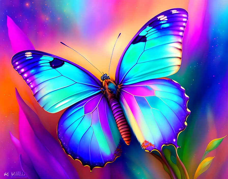 Colorful Digital Artwork: Blue Butterfly on Abstract Background