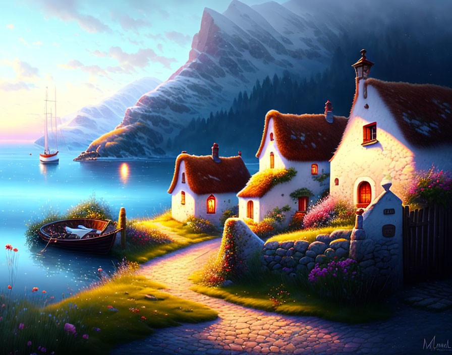 Seaside twilight scene: glowing cottages, cobblestone path, sailboat, mountains