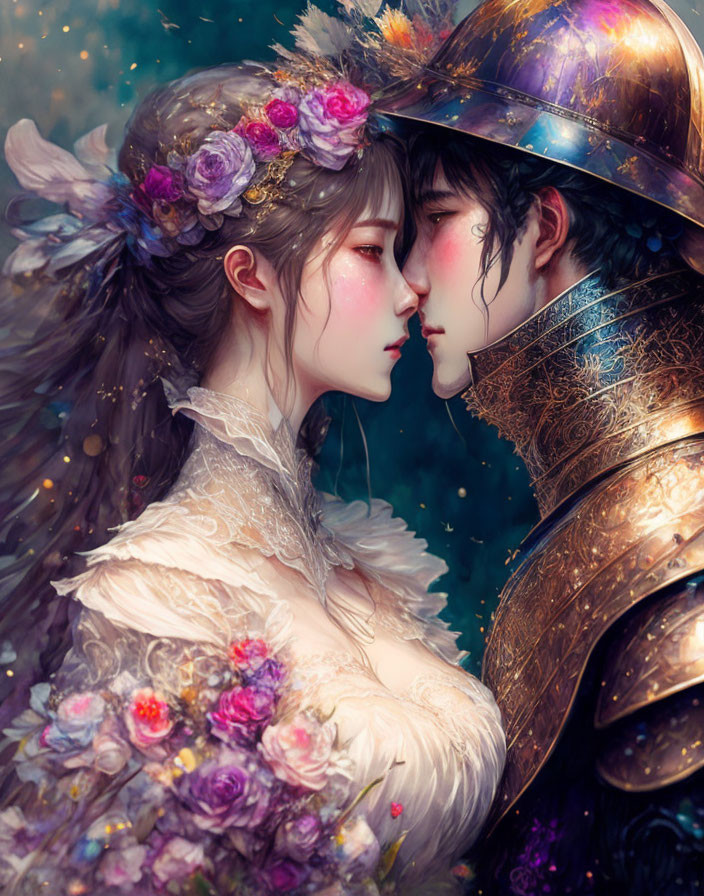 Digital artwork: Romantic fantasy scene with woman in floral attire and winged figure in ornate armor sharing