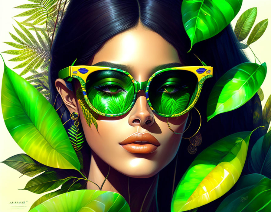 Digital illustration: Woman with large green sunglasses in lush tropical setting