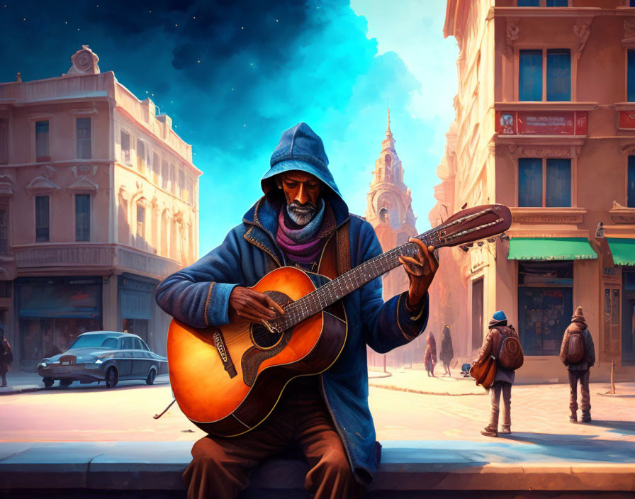 Man playing guitar on city street at dusk with pedestrians and vintage buildings.