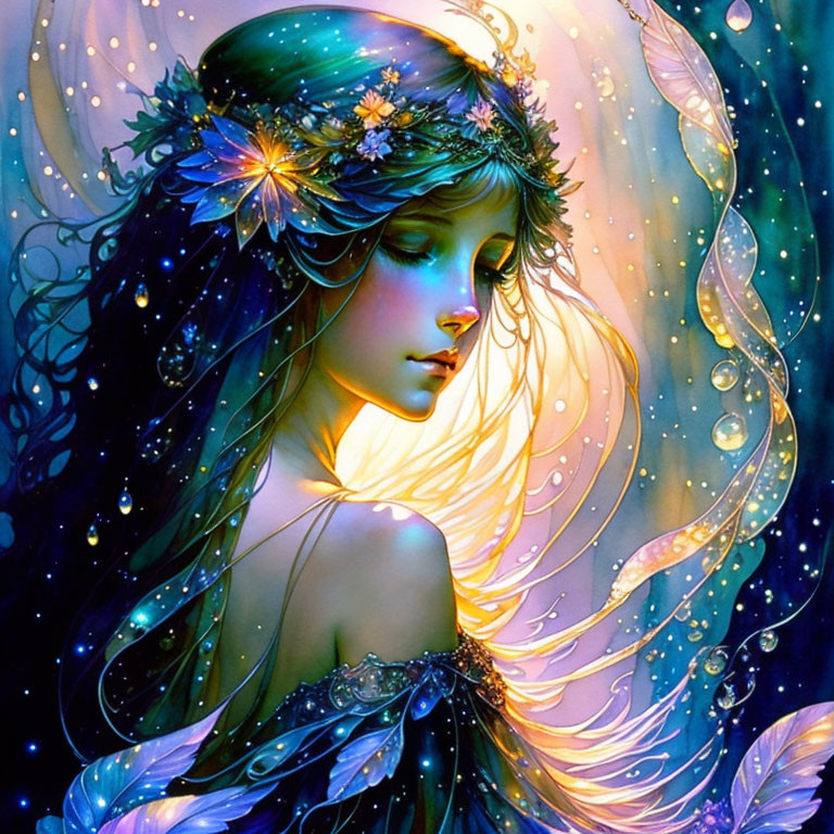 Mythical female with floral crown and vibrant blue hues