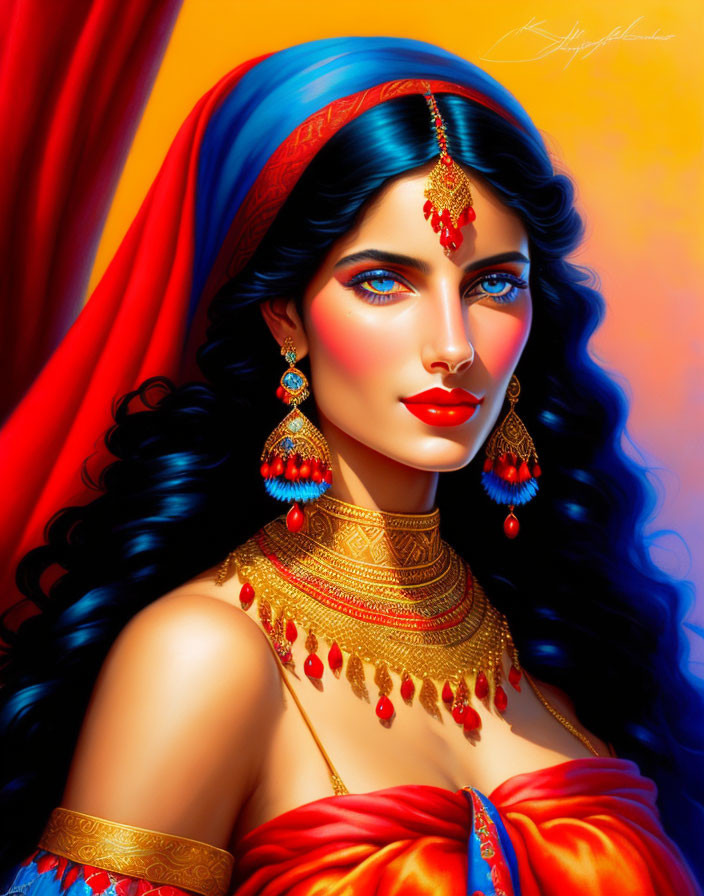 Blue-skinned woman with gold jewelry and red bindi on warm background