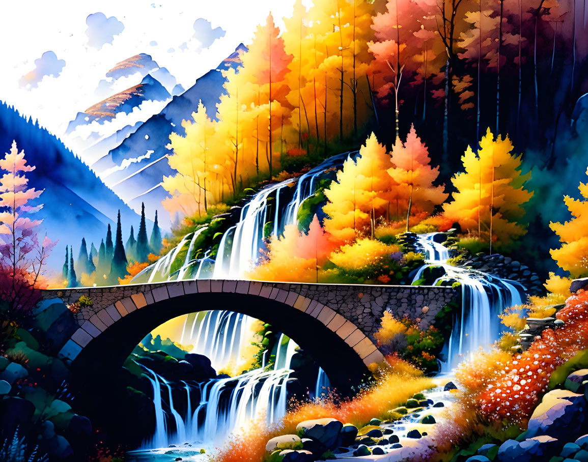 Scenic autumn waterfall under stone bridge with mountain view