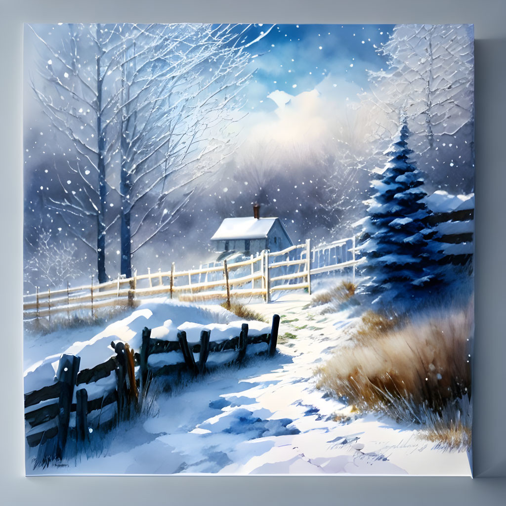 Snow-covered winter landscape with house, trees, and fence under glowing sky