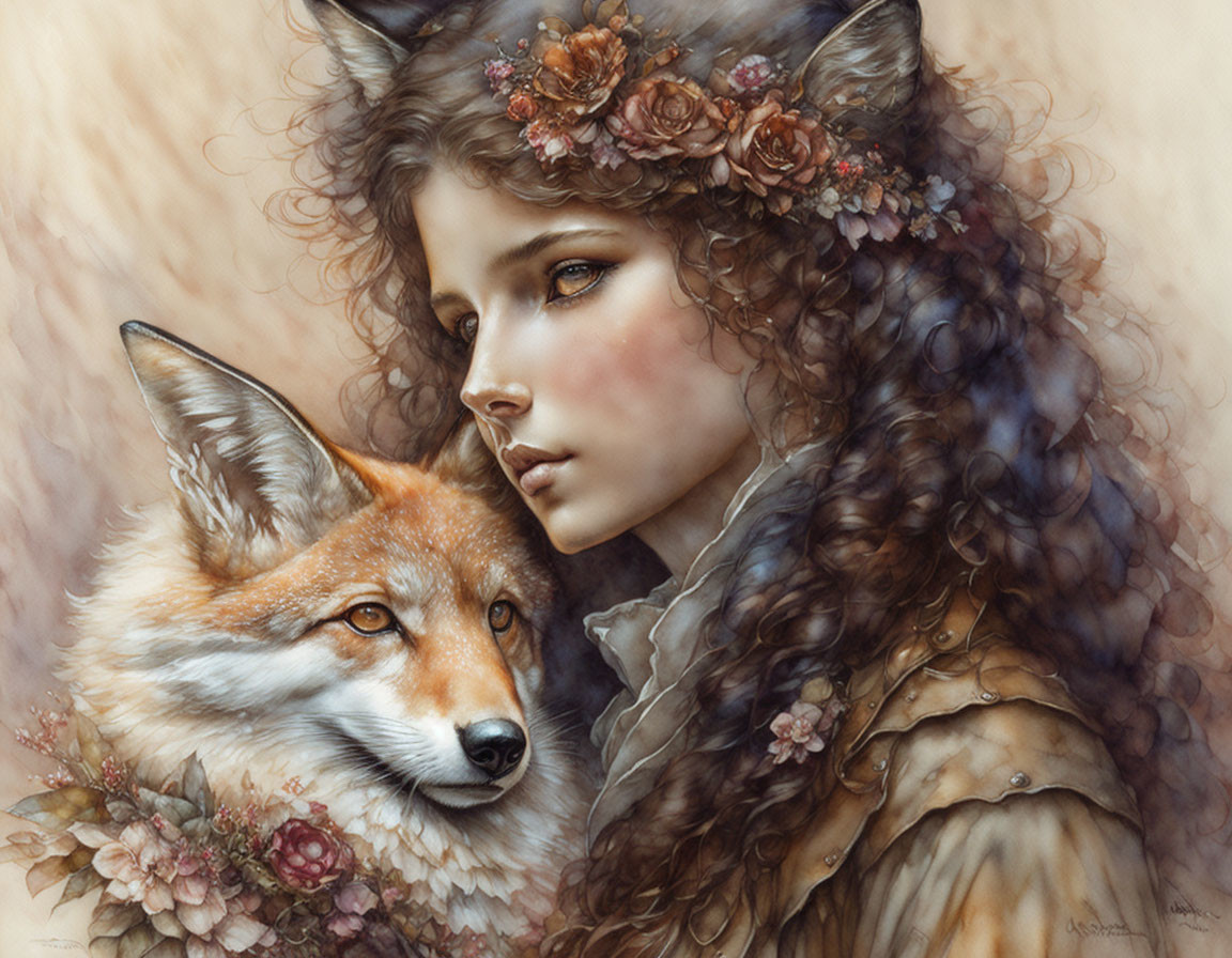 Fantasy illustration: Woman with fox features and floral surroundings