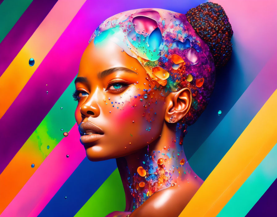 Colorful digital art portrait of a woman with 3D paint splatters and bubbles