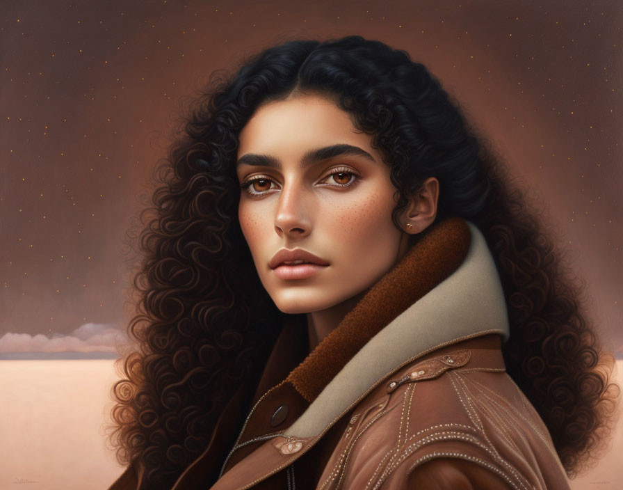 Portrait of woman with curly hair and brown eyes in brown jacket against starry sky.