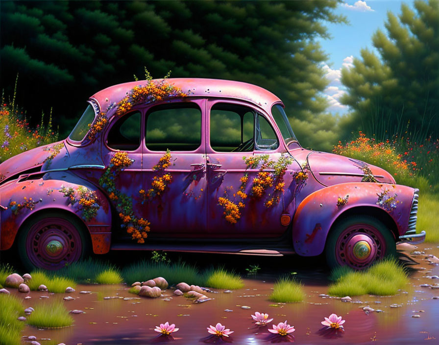 Abandoned rusty car covered in flowers in lush meadow