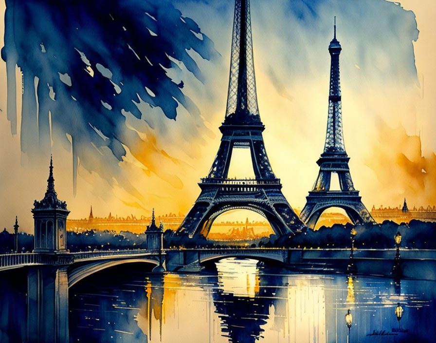 Eiffel Tower Watercolor Painting at Dusk