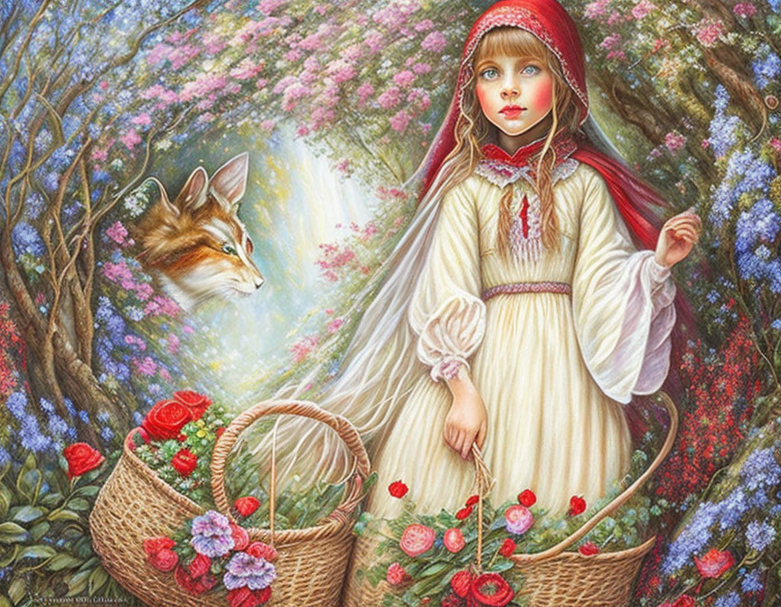 Whimsical Little Red Riding Hood scene with fox in vibrant forest