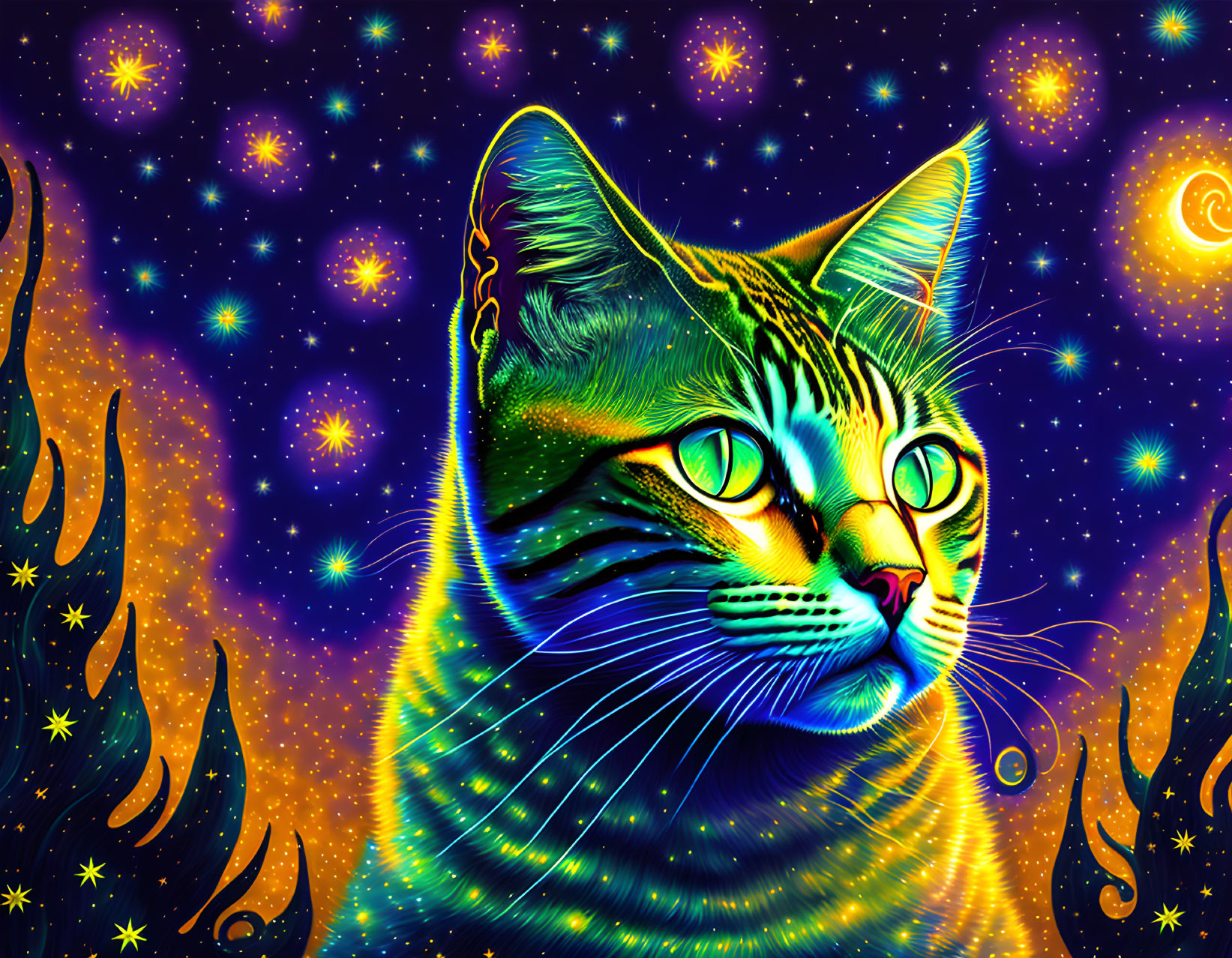 Colorful Psychedelic Cat Illustration on Cosmic Background