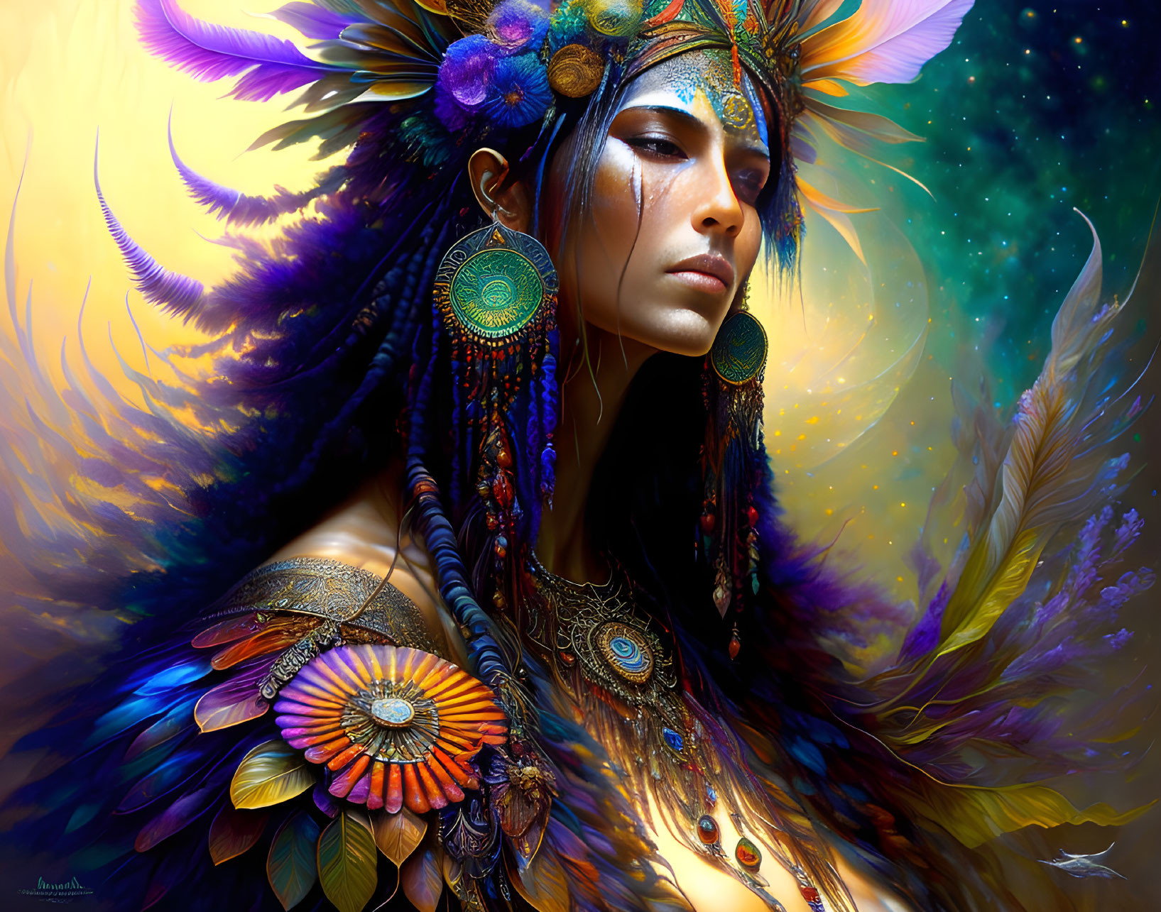 Colorful digital artwork of person in feather headdress & tribal jewelry against cosmic backdrop