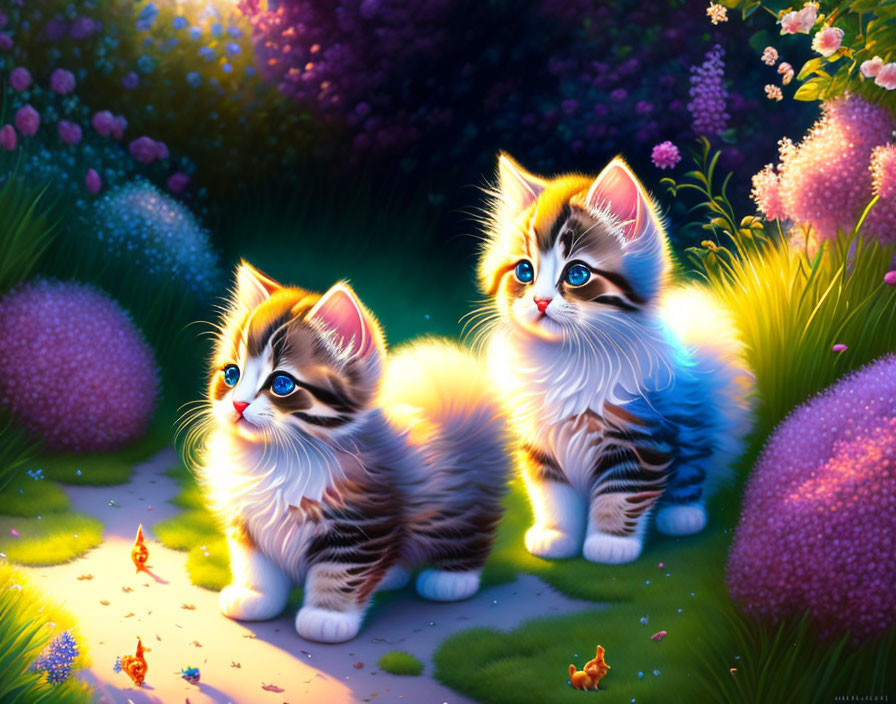 Fluffy Kittens with Flowers and Butterflies in Colorful Garden