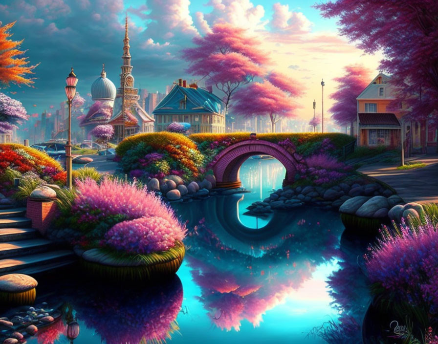 Vibrant fantasy landscape with cherry blossom trees, river, bridge, and whimsical architecture