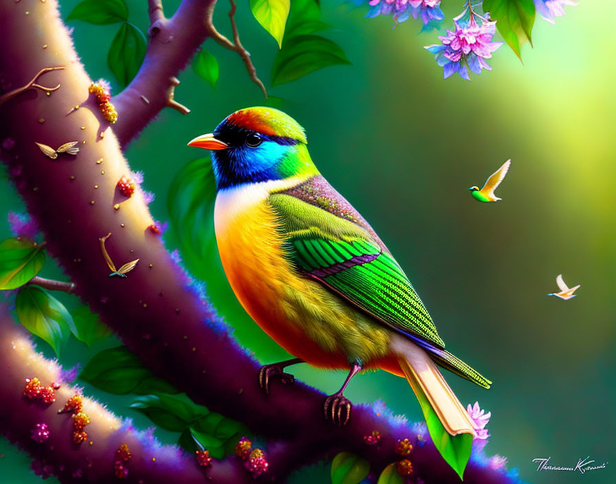 Colorful bird on branch with pink flowers in vibrant setting